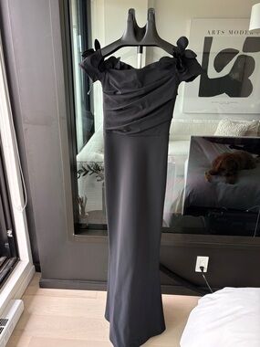 Chiara Boni Black One-Shoulder Column Gown with Floral Shoulder Detail